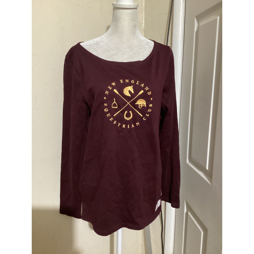 Talbots Womens Burgundy Long Sleeve Equestrian Club Graphic T Shirt Size M